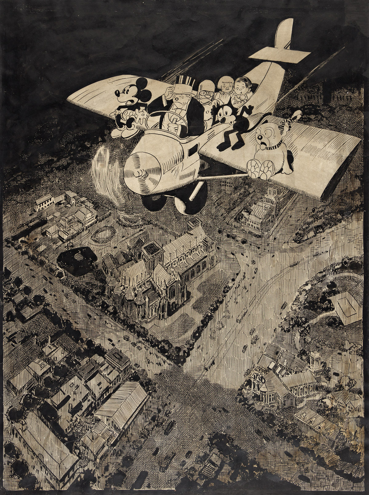 (DISNEY / KING FEATURES) LOUIS BIEDERMANN (1874-1957) Cartoon characters flying over a European city.